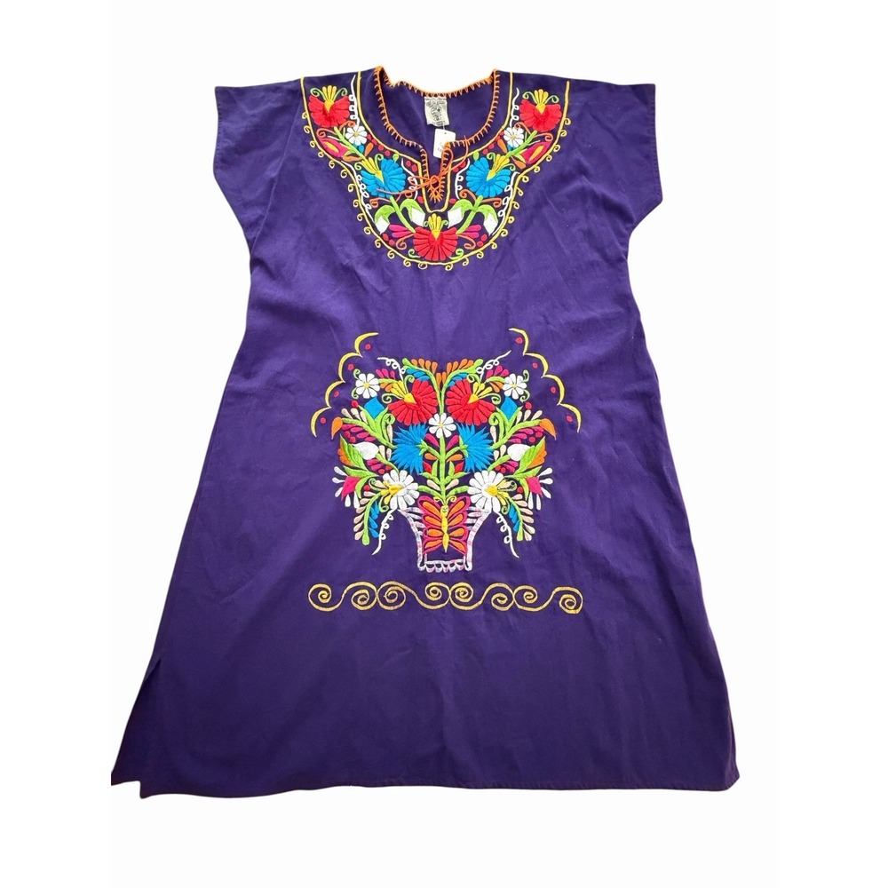 Embroidered Mexican Puebla Midi Dress Bright Floral Motif Rainbow #YZ13-1